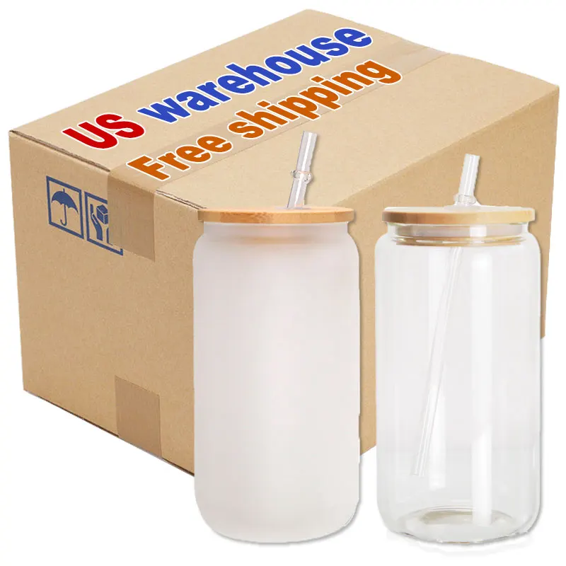 USA Warehouse stocked 12oz 16oz Clear Frosted Sublimation Blanks Glass Mason Jar Beer Can Glass Cup With Bamboo Lid And Straw