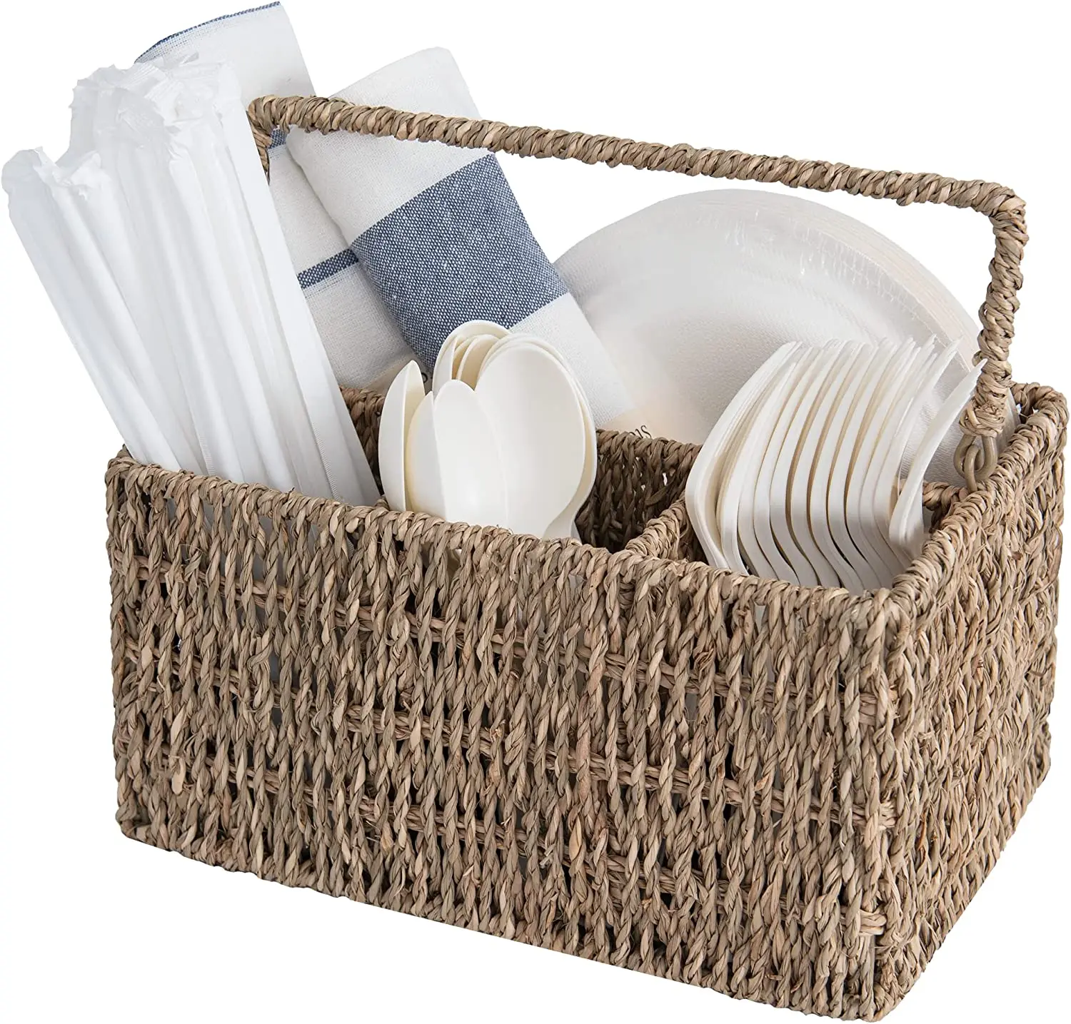 SF Multipurpose 4-section baskets Natural Hyacinth Cutlery Basket for Countertop with Handle Wicker Flatware Holder