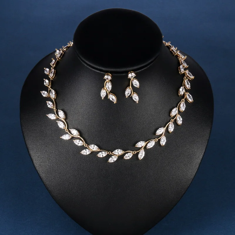 Elegant Leaf Cubic Zirconia CZ Crystal Tennis Necklace and Earring Wedding Jewelry Set for Bride or Bridesmaid