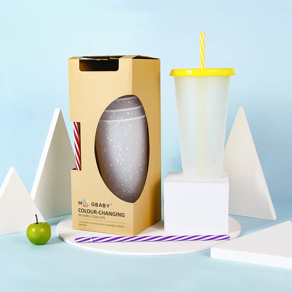 Coffee bubble tea color changing water smoothie drinking plastic reusable cold cups with lids and straws