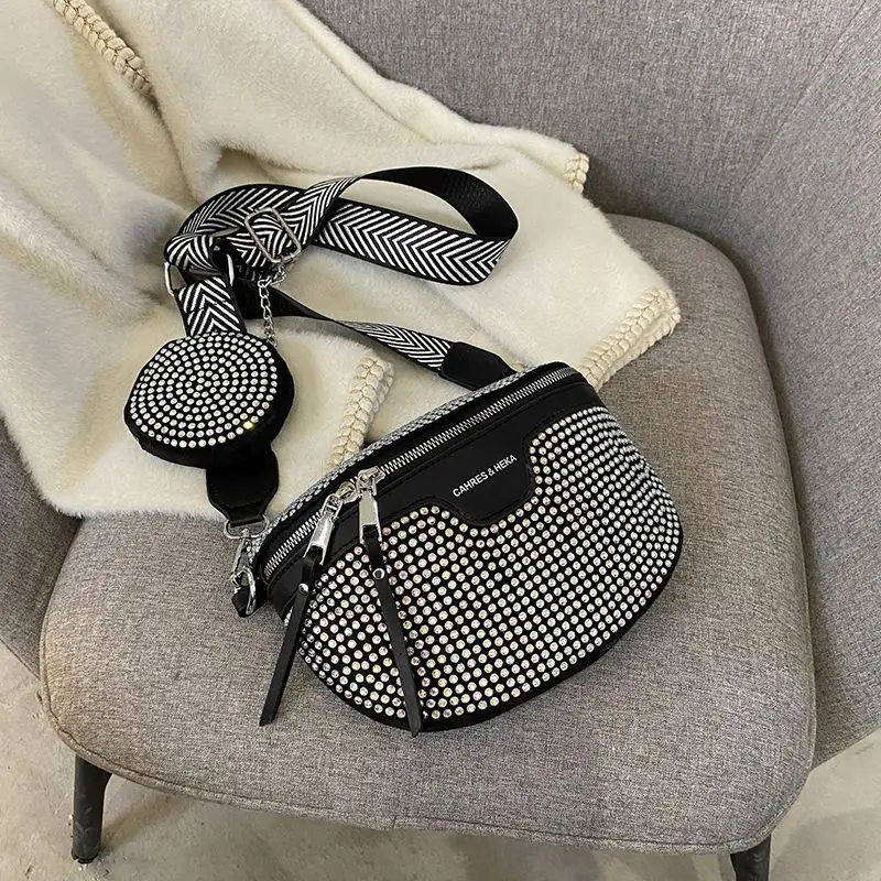 Ladies PU Rhinestone Chest Bags Women Diamonds Shiny Saddle Bag Purses Wallets D0229 1