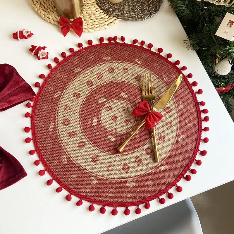 Home Decor Christmas Weaving Jute Table Mat Printed Wool Ball Insulated Cotton Linen Decorative Mat