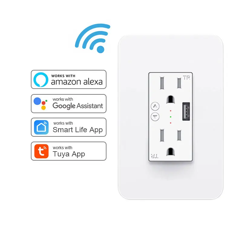 Smart Amazon Alexa Google Home US Type A 15A TR Outlet Wall Multi Plug Wifi Socket with USB