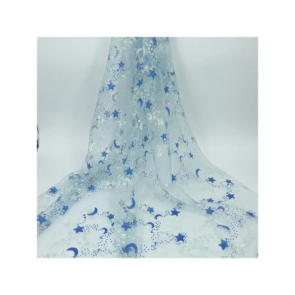 
Popular star and moon sequins net mesh embroidery glitter designs lace fabric for dress 