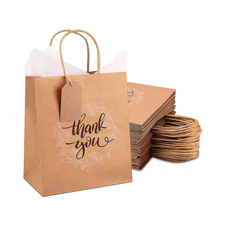 Wholesale custom shopping printed takeaway designed brown kraft paper bags for food packaging with handle and your own logo