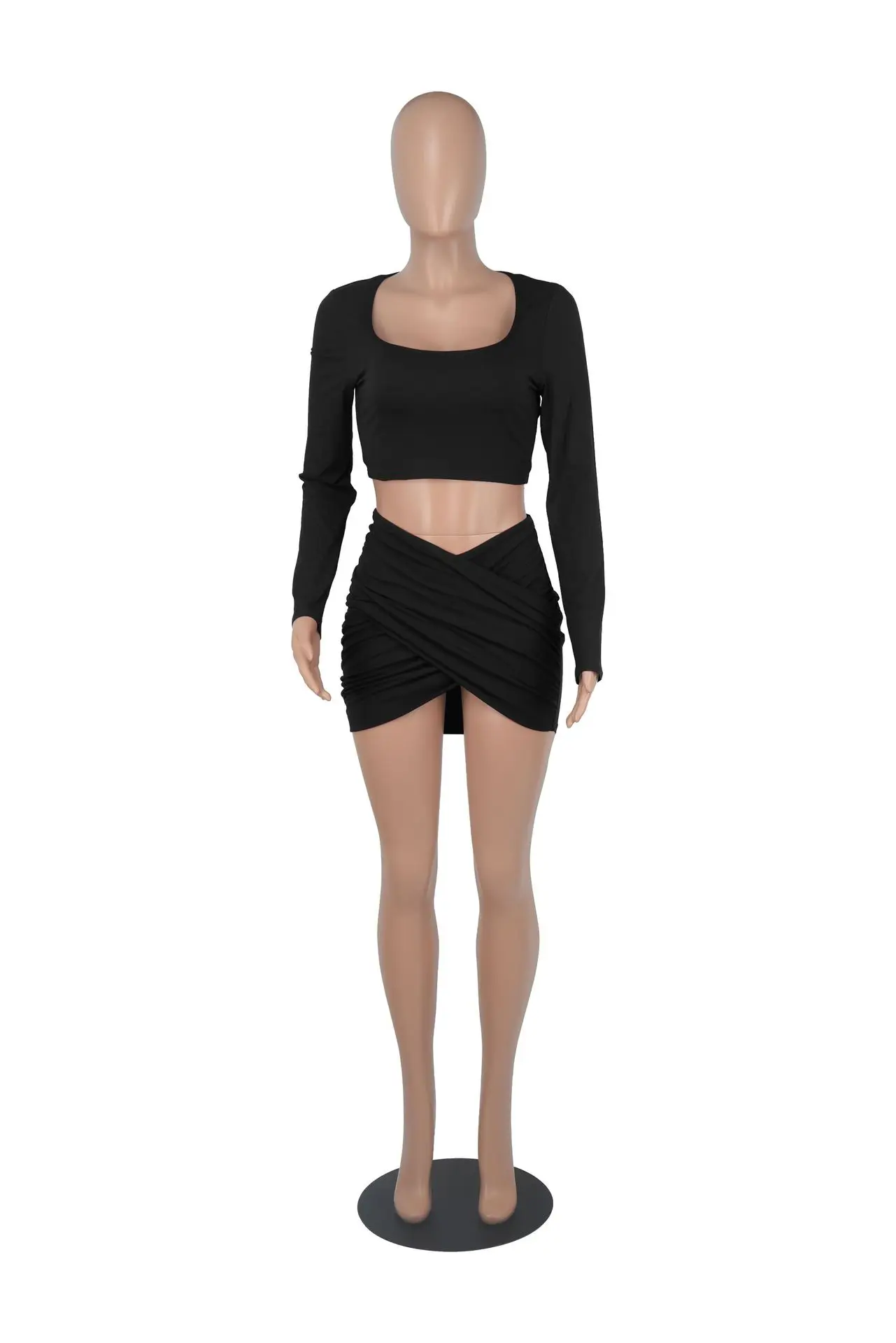 Amazon Top Selling Women Solid Square Neck Crop Top Mini Skirt Sexy Outfit Two Piece Set