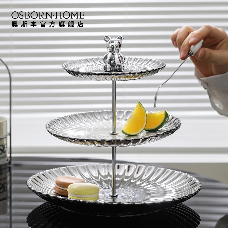 OSBORN Household Bear Ceramic Multi-layer Cake Fruit Dessert plate afternoon tea set with Metal Stand for Wedding Dessert Plate