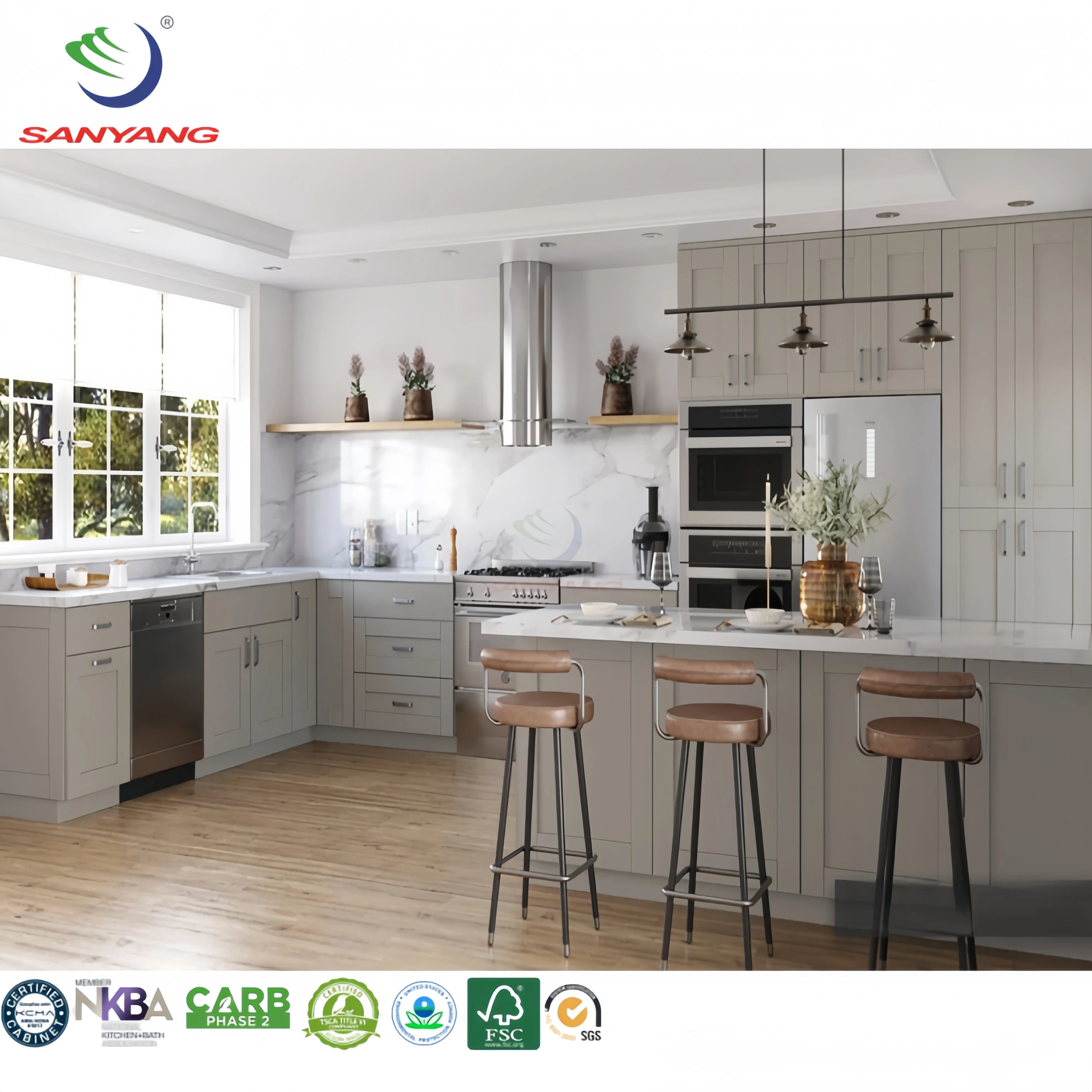 USA Market Hot Selling Carb-2 Solid Wood Painting Grey Shaker Kitchen Cabinets Complete Sets Kitchen Cabinet Modern Designs