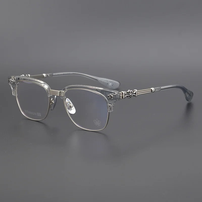 High Quality Handmade Carved Eyewear Pure Titanium Medium Gold Glasses Luxury Italian Acetate Half Frame Myopia Glasses Frame