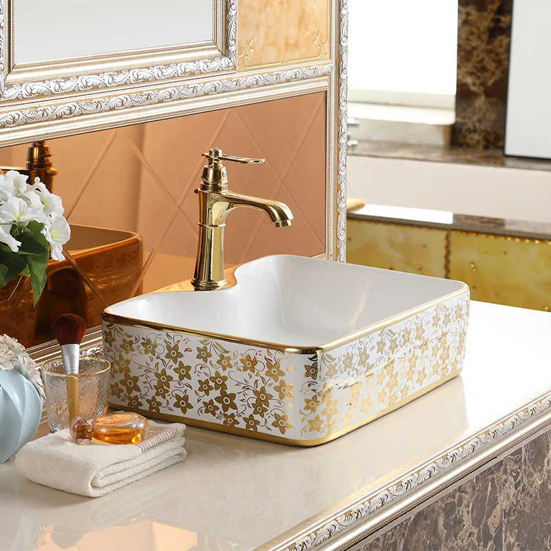 Modern Square Hand Wash Basin Lavabo Ceramic Gold Color Plated Countertop Bathroom Sink