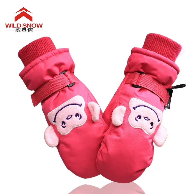 Top quality pink/black monkey 100% polyester outdoor sports winter waterproof kids children snowboard ski gloves