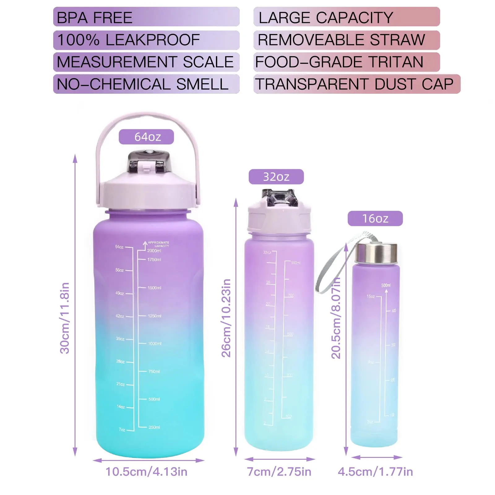 Motivational Water Bottle with Straw 3 Pcs 64oz Time Marker Large Drinking Bottles Leakproof Half Gallon 2L Water Jugs  BPA Free