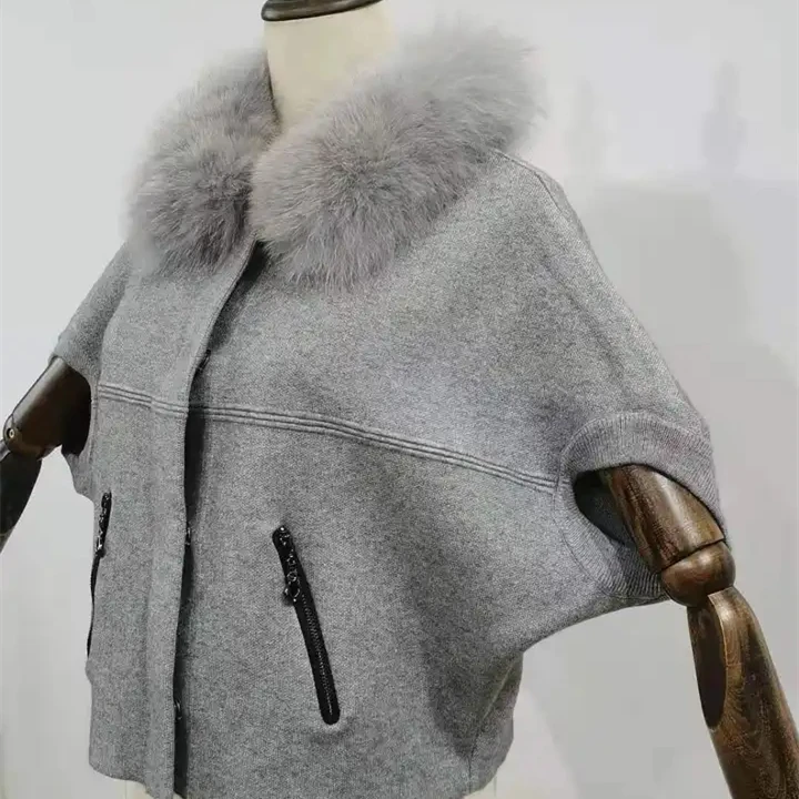 New Design Hot Sale Batwing Sleeve Wool Knitted Coat Women Short Half Sleeve Knitted Women Cardigans Sweater With Fox Fur Collar