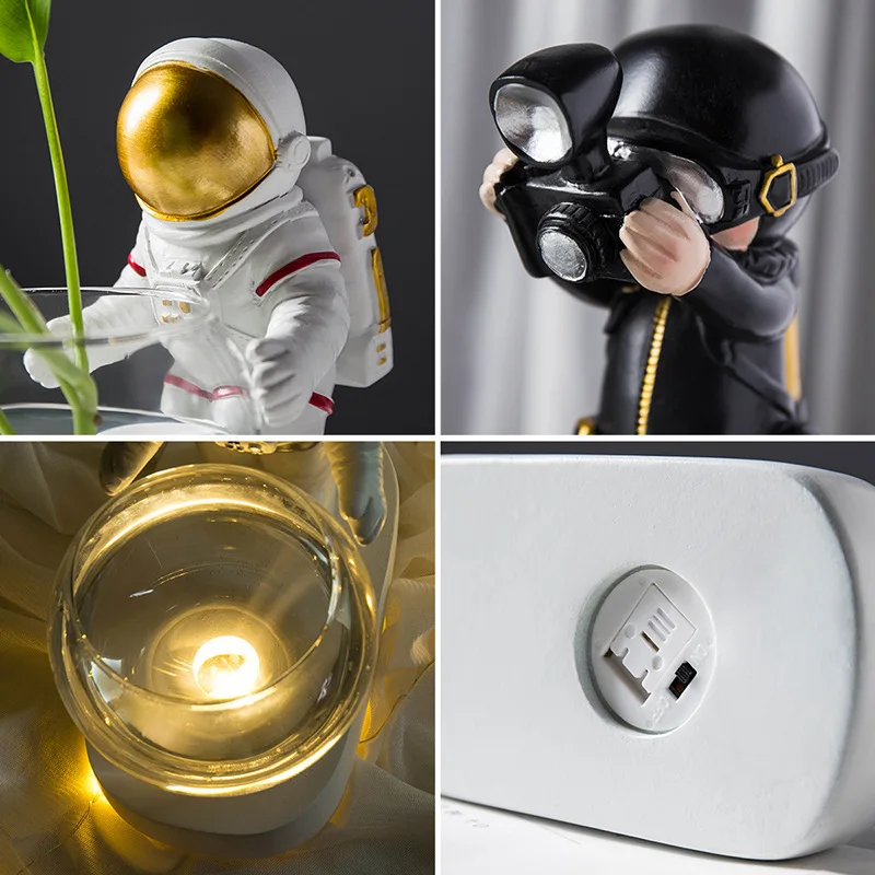 Home Decor ornament spaceman hydroponic glass water cultured plant vase with led light Smart luminous flower pot