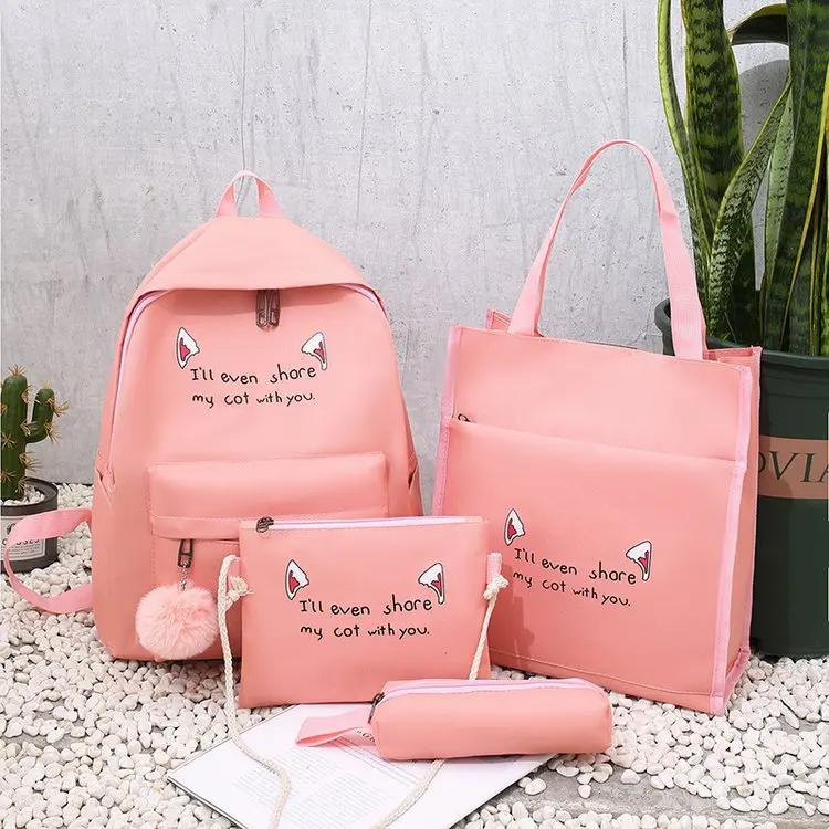 Promotion Gift Fashion Trend 4-Piece College Girl Backpack Set Cute Pink School Bag with Cute Letter Pattern for Students