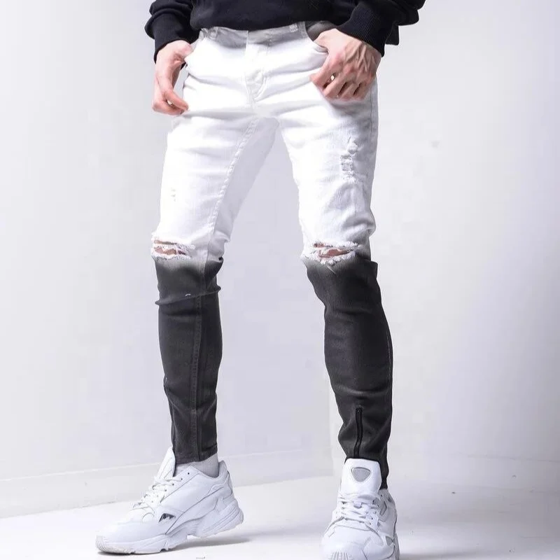 2021 Unique design washed torn pencil men pants skinny black-white ripped jeans