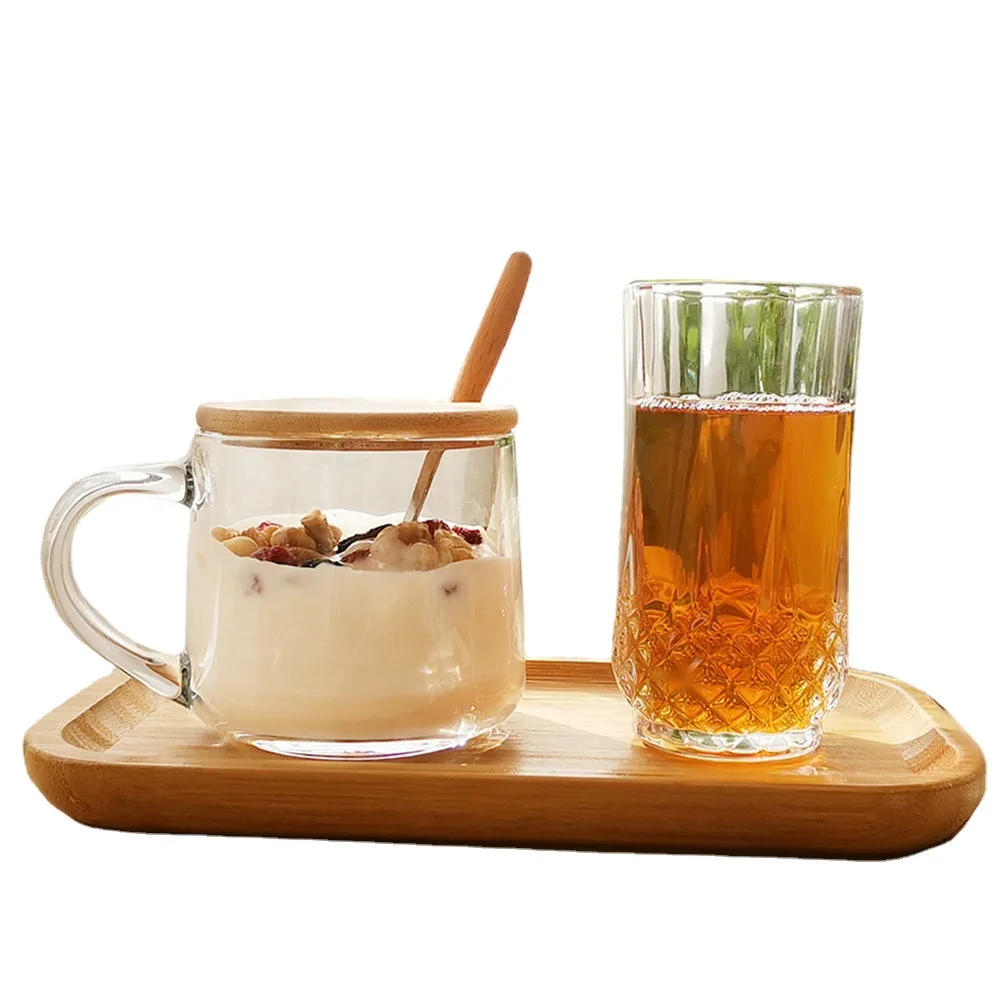350ml Home use Glass Coffee Cup With Bamboo Wood Lid With Bamboo Wood Spoon Heat Resistant Glass Cup