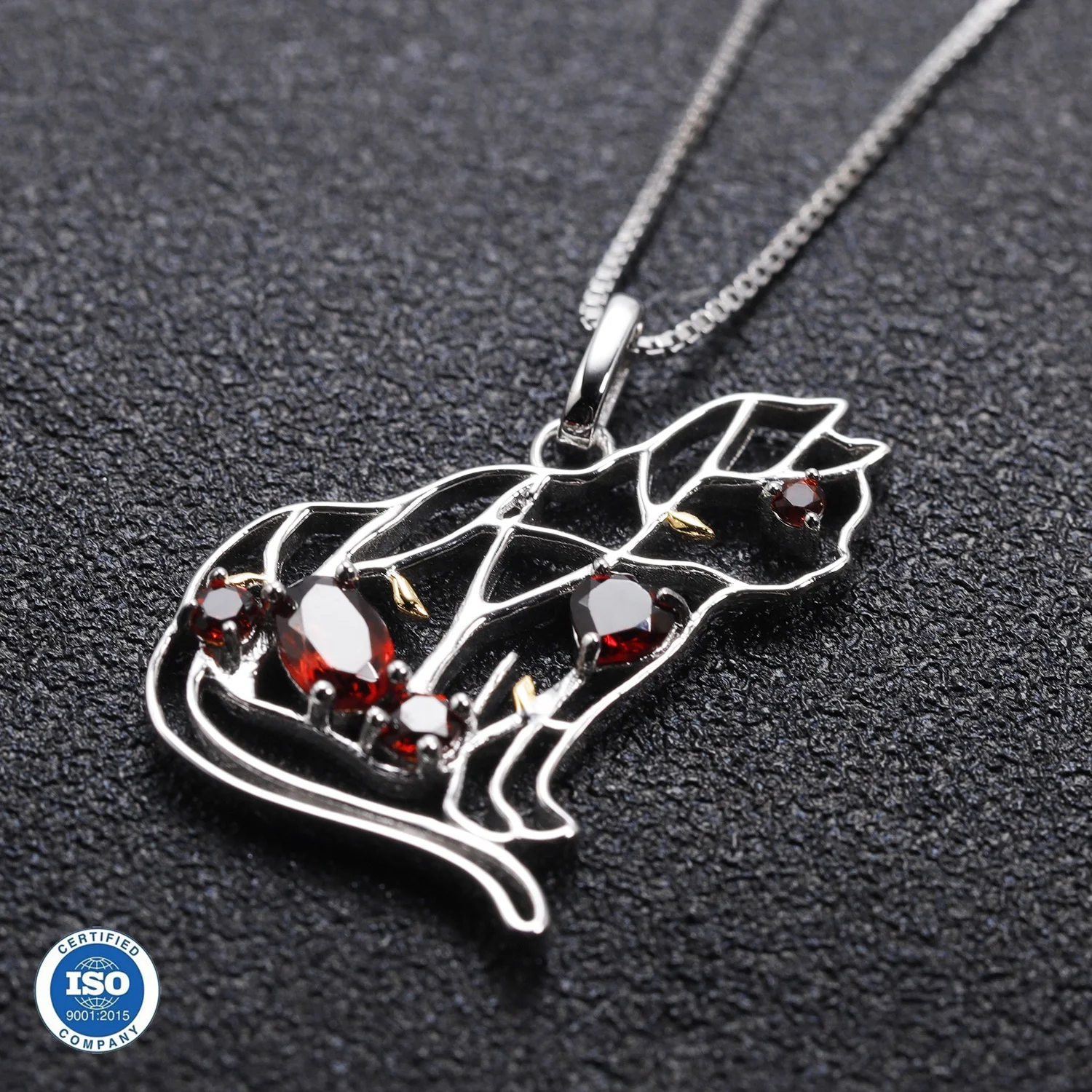 Abiding Jewelry Cat Animal Garnet Gemstone Women Handmade Fashion 925 Sterling Silver Custom Pendant Necklace