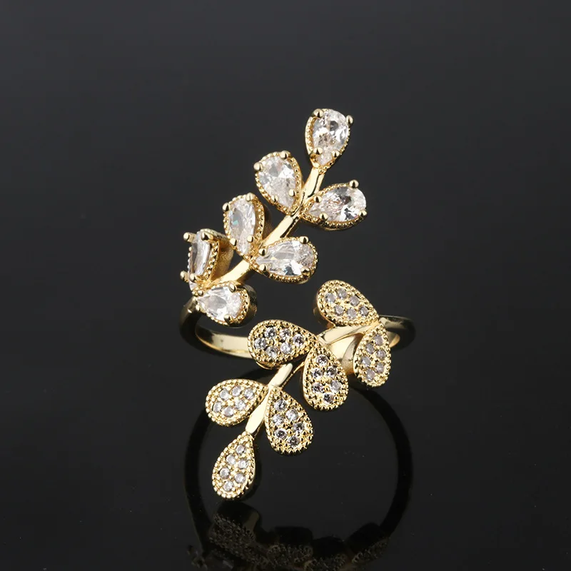  Diamond Vintage Leaves Shape Ring Women Daily Gift Zircon Prong Setting Brass Adjustable Iced Out High Quality Jewelry