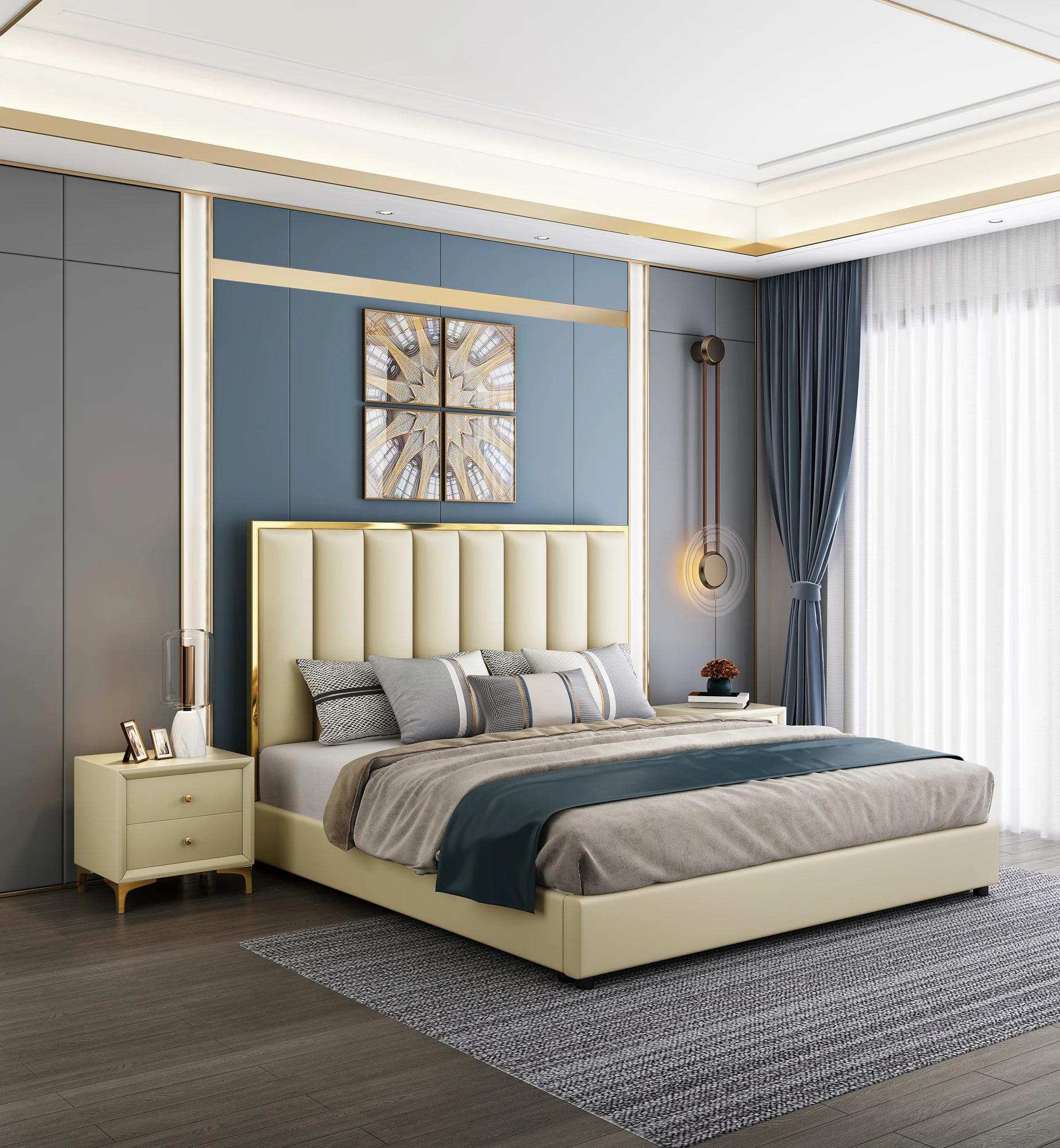 Classic Upholstered Italian King Size Bed Leather Bedroom Set Queen Bed Frame Up-holstered Beds