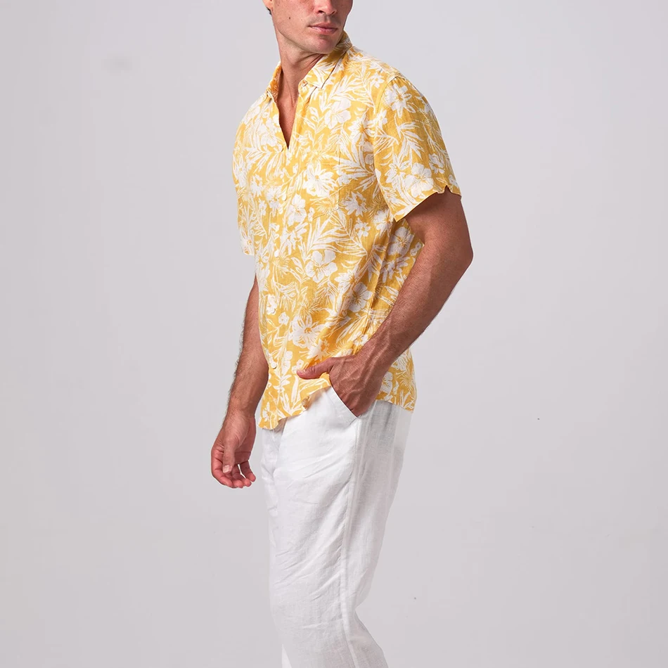 OEM Manufacturer Summer Breathable Button Up Custom Full Printing Short Sleeve Pure Linen Fabric Shirt