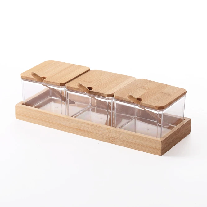 Salt Sugar Spice Pepper Plastic Condiment Canisters Pots Sets with Bamboo Lid for Home Kitchen Storage
