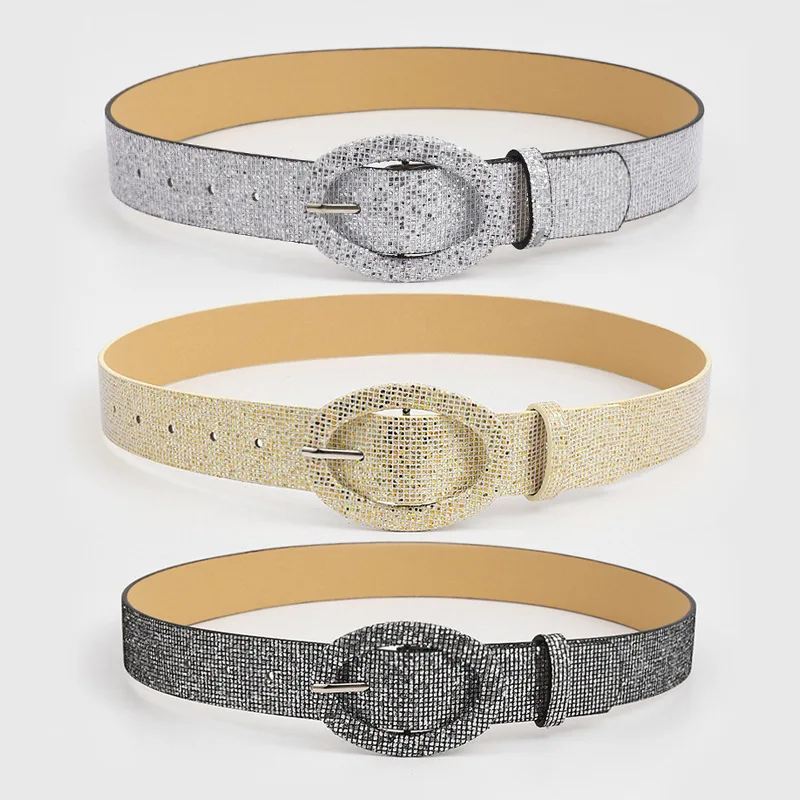 REWIN Fashion Oval Shinny Buckle Cowgirl Crystal Waist Pu Leather Belt Rhinestone Soft Women Western Sparkle Bling Bling Belt