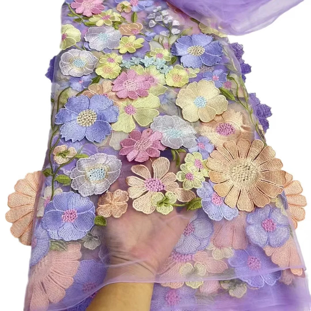 Custom Design Multi-colors Bridal Embroidery Tulle Wedding Dress Net Applique Mesh Floral 3D Flower Lace Fabric