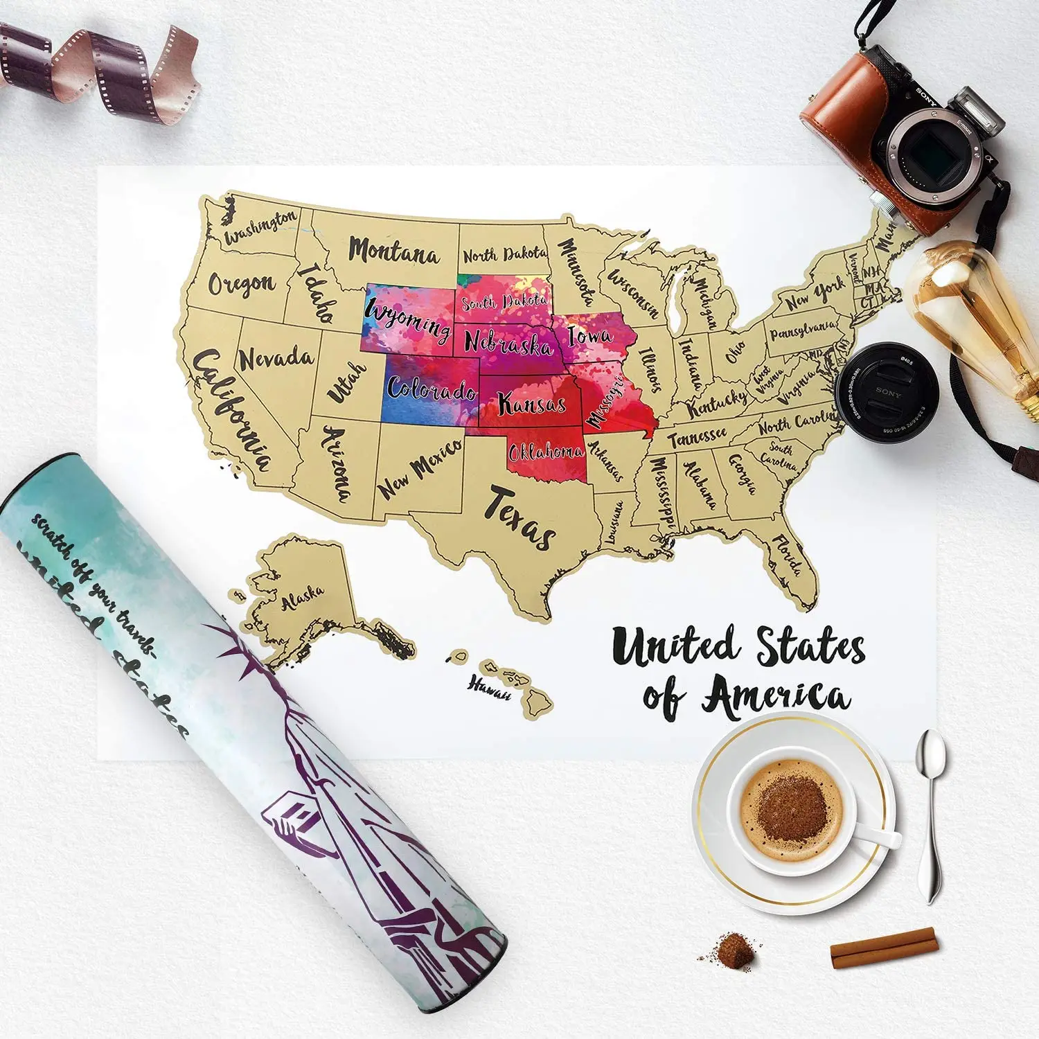 White Color USA Map Scratch Off United States Map With Unique Accessories Set