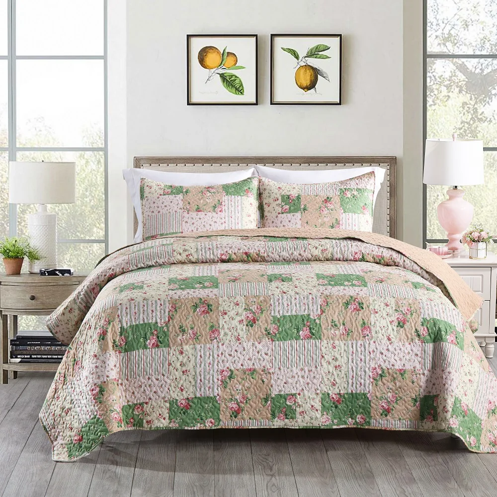 Printed Style Leaves Pattern Flower Tiles Multicolored Polyester 3pcs Bedspread Set Bed Cover Queen King size Bedclothes