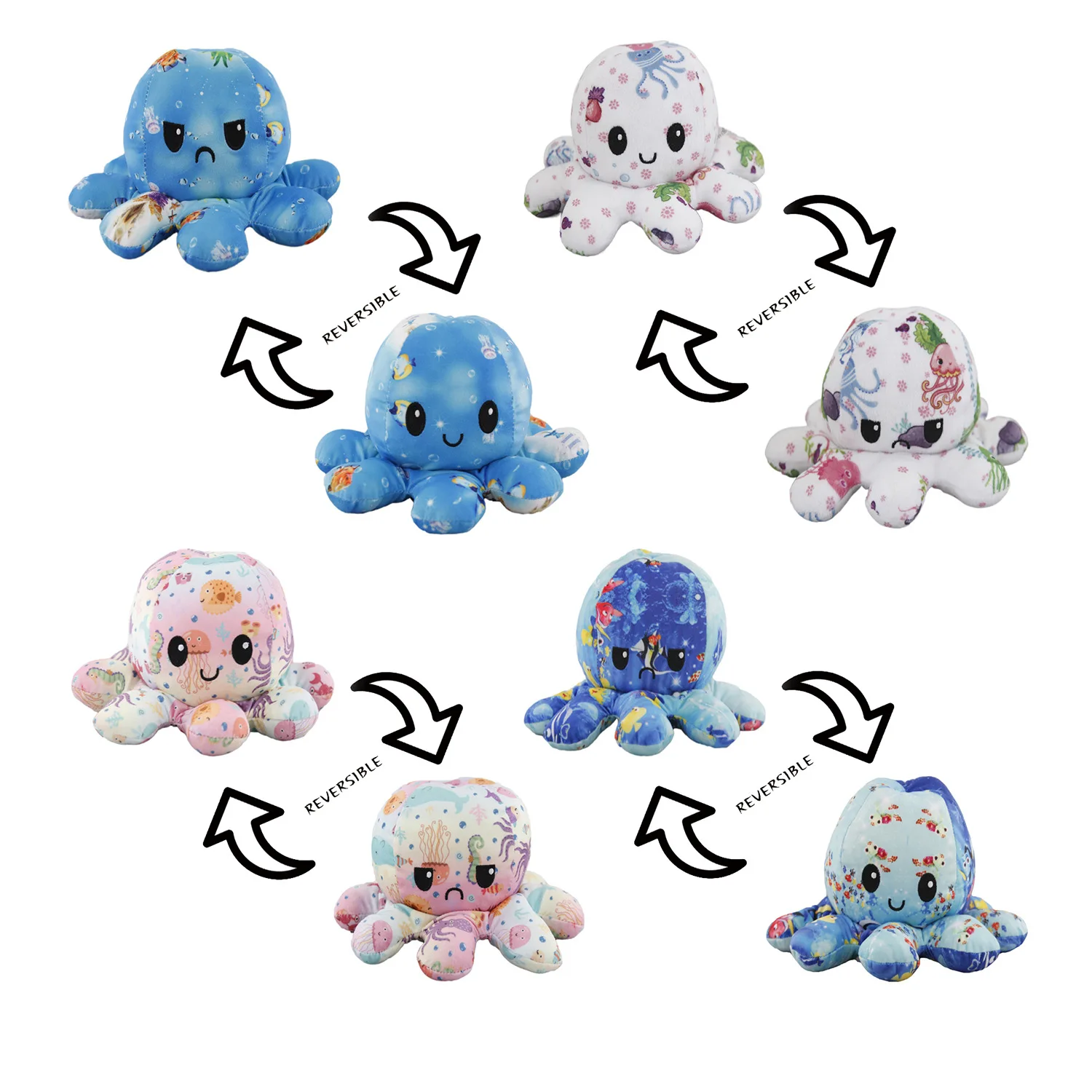 20CM Ocean Print Octopus Plush Toy Double-sided Flip Octopus Doll Double-sided Expression Reversible Octopus Toy