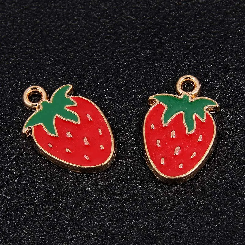 Gold Color Enamel Small Red Strawberry Charms Pendant Fit Women Girls Necklace Bracelet DIY Making Jewelry Accessories