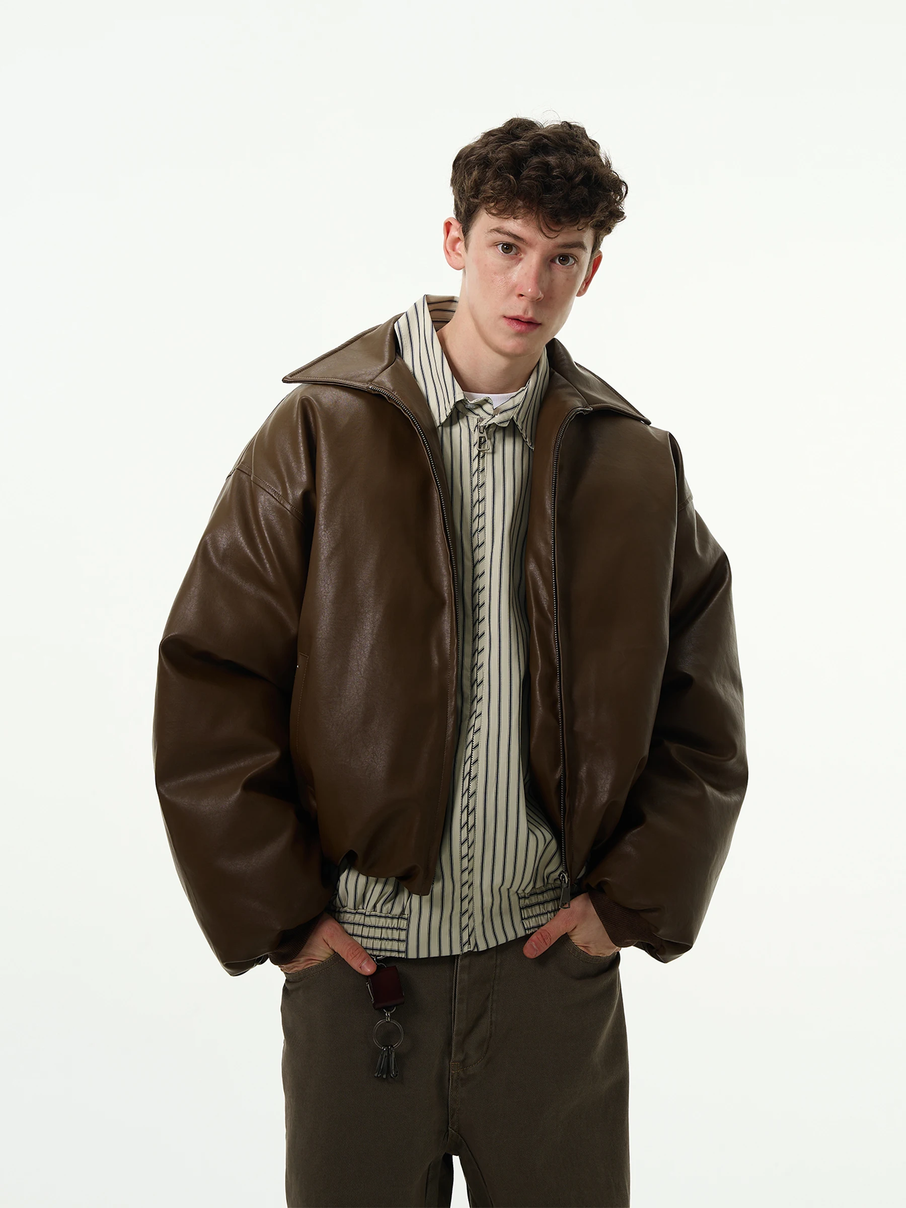 2024 Winter american retro short leather jacket for men Thickened Maillard cotton jacket coat