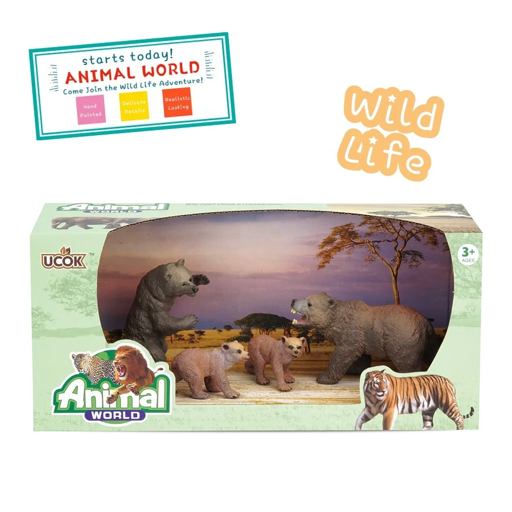 Grizzly Bear Toys Figurines, Plastic Forest Animal Bear Family Figures for Nature Science Learning