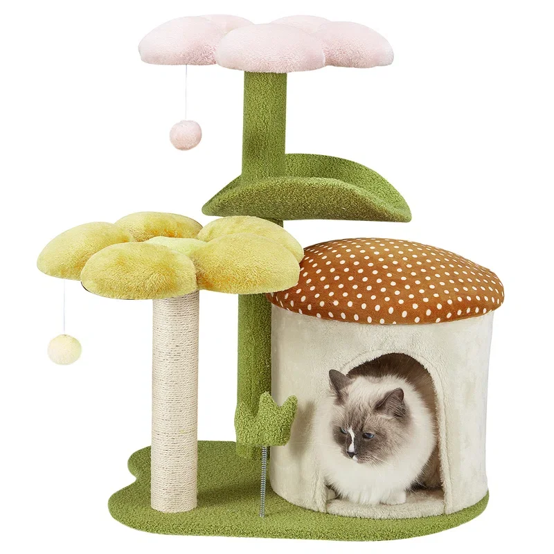 Wholesale Green Hot Palm Sisal Wooden Cat Trees Scratching Board Poles with Toy Ball Hanging Sisal Rope Cat Tree for Indoor