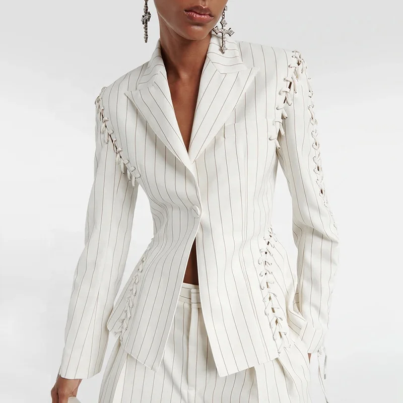 OUDINA New Fashionable Ladies Suit Jacket Lace-up Design Waist Striped Slimming Women Blazer