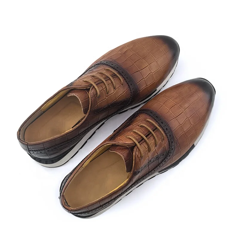Best Seller Retro Crocodile Lace Up Pointed Casual Genuine Leather Brown Colored Sneakers Walking Office Party Dress Men Shoes