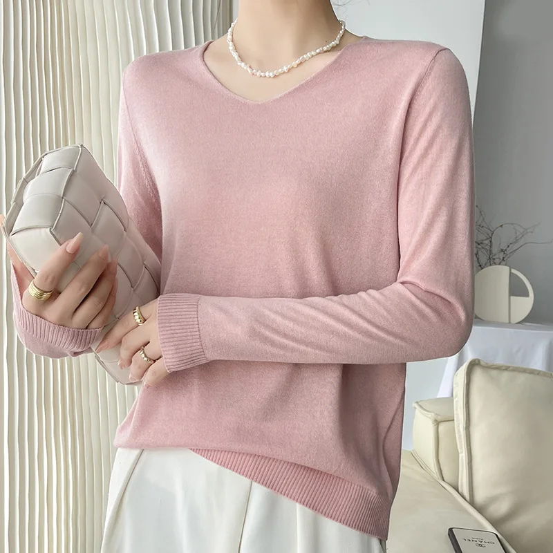 Autumn and Winter Thin Basic Simple and Versatile Solid Color V-neck Pullover Long-Sleeve Wool Sweater for Women