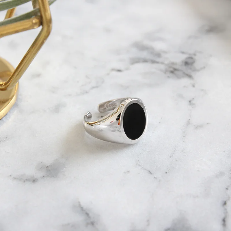 New Trendy Vintage Black Epoxy Oval Wide-faced ring 925 Sterling Silver Open Adjustable Rings For Women