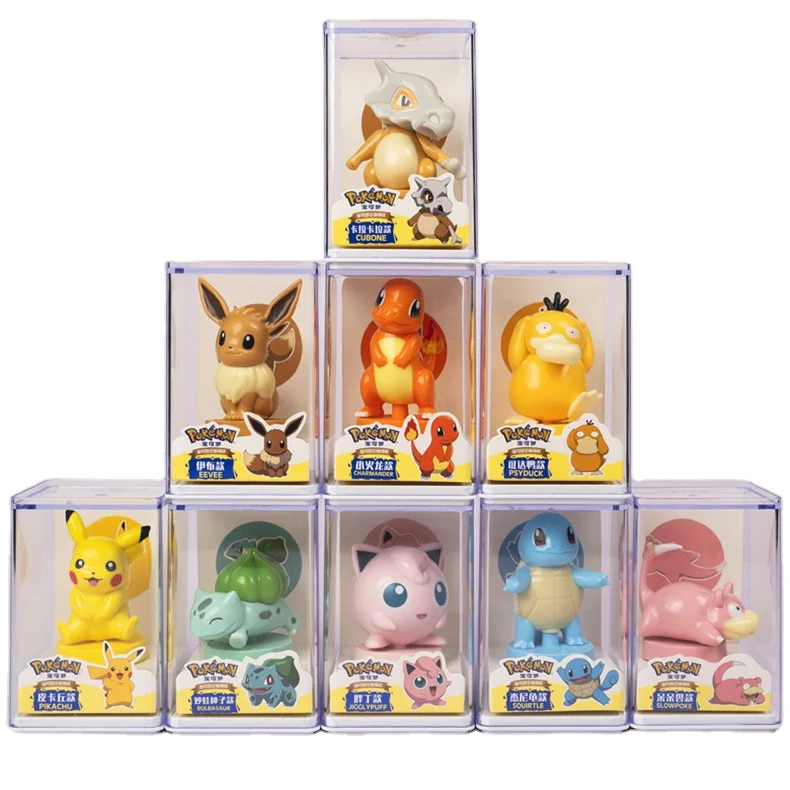 9Pcs/Set Poke moned Action Figures Toys with Acrylic Box Anime Pikachu Eeve Action Dolls Blind Boxes Kids Toy Decoration