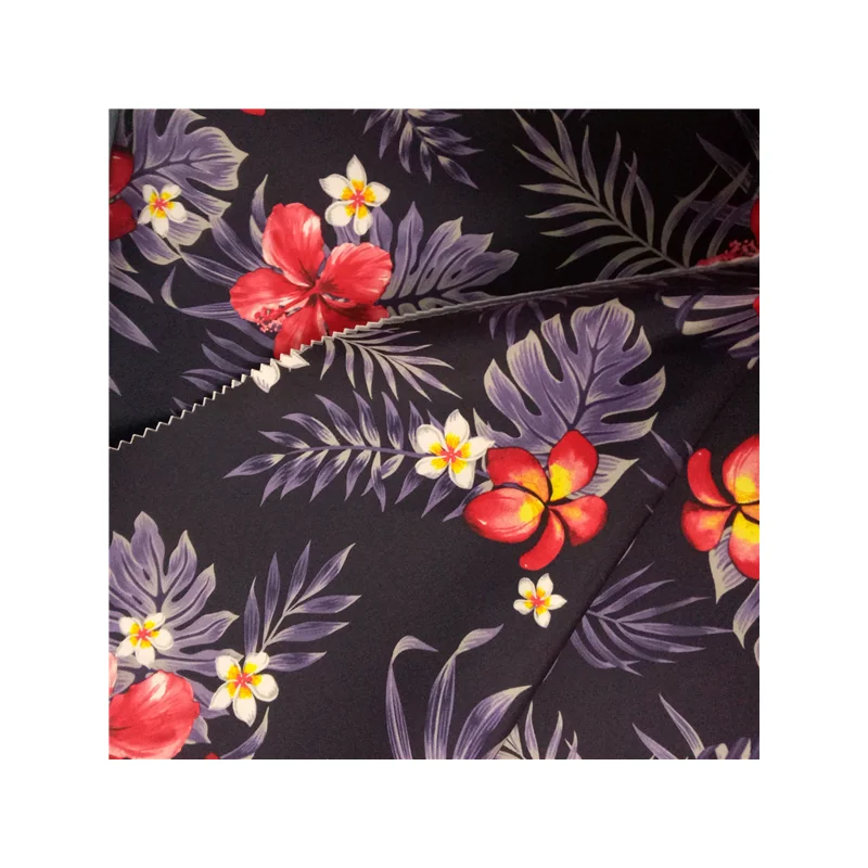 wholesale 100 polyester micro twill waterproof fabric for beach short palm tree hawaiian print peach skin microfiber fabric