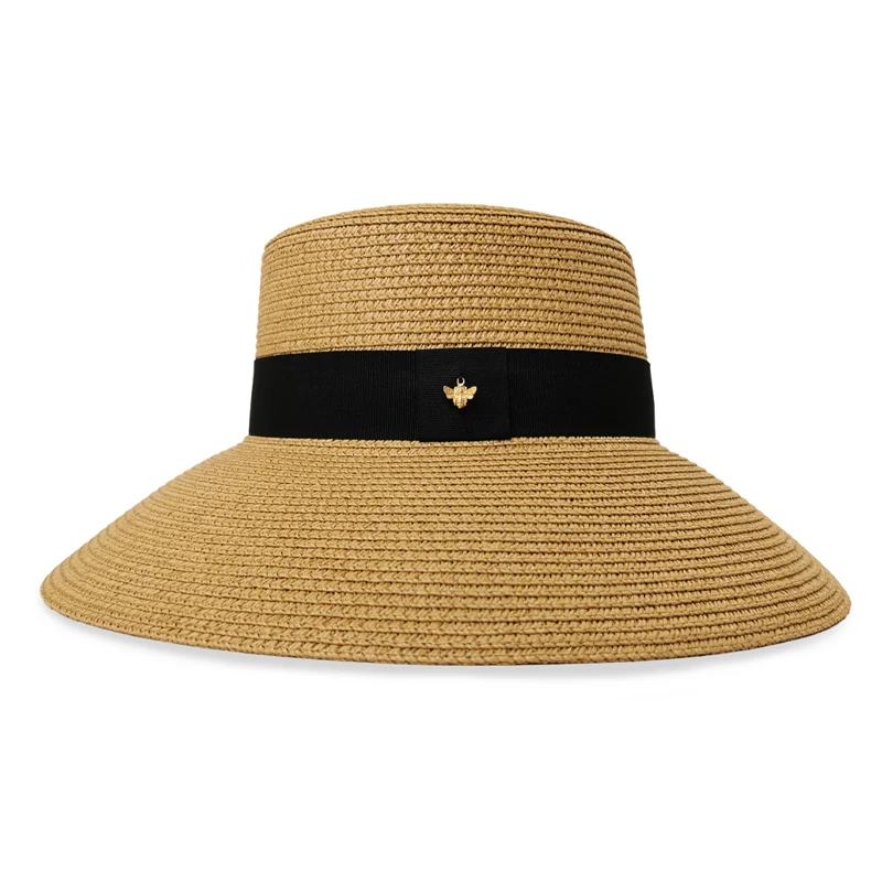 Шляпа женская Соломенная, Панама с лентой и плоским верхом, круглая, лето