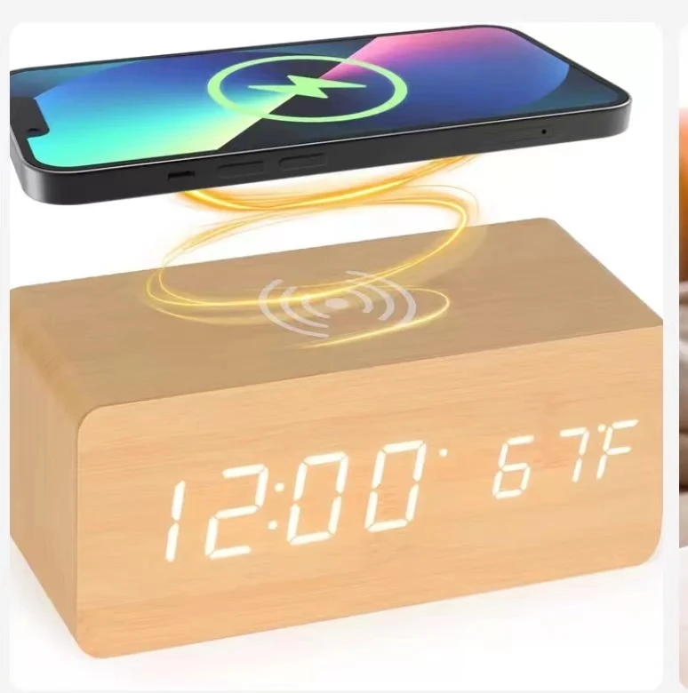 Corporate Gift Custom Bedside Table Decoration Voice Control Wooden Digital Alarm Clock With Wireless Charging 2023 2024