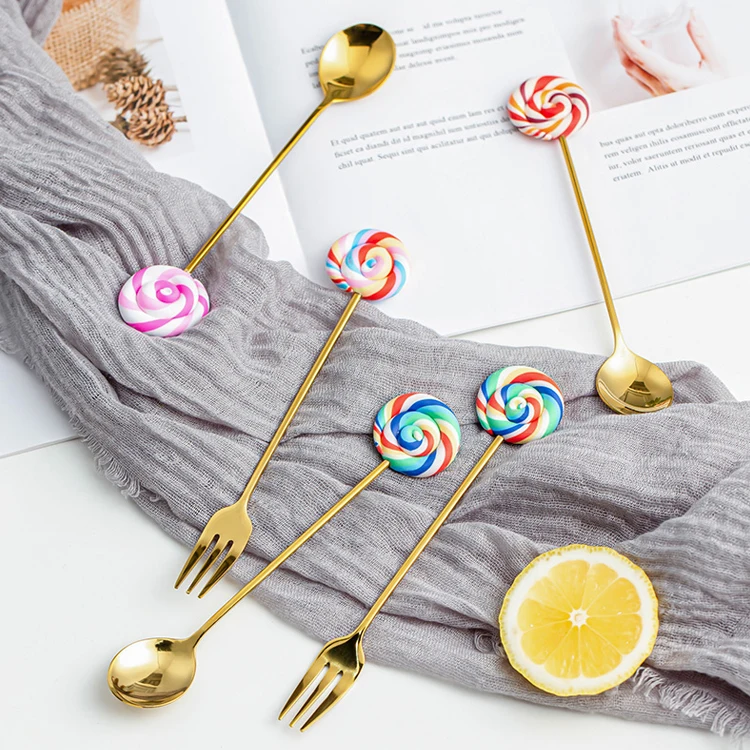 Stainless Steel Fruit Cake Fork Coffee Tea Stirring Spoon Cute Lollipop Candy Spoon