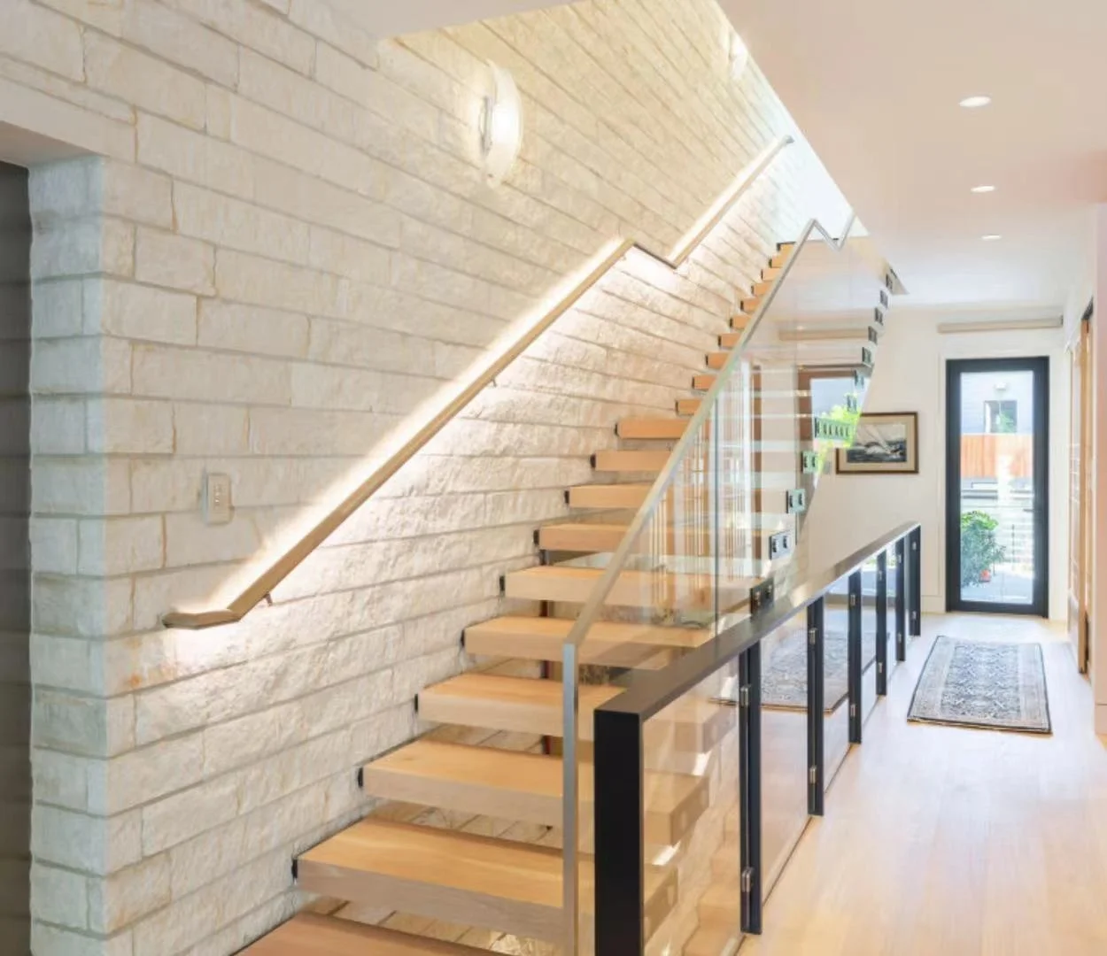 VIKO 2024 Modern Indoor Home  Marble Box Suspended Staircase Blue glass Floating Stairs