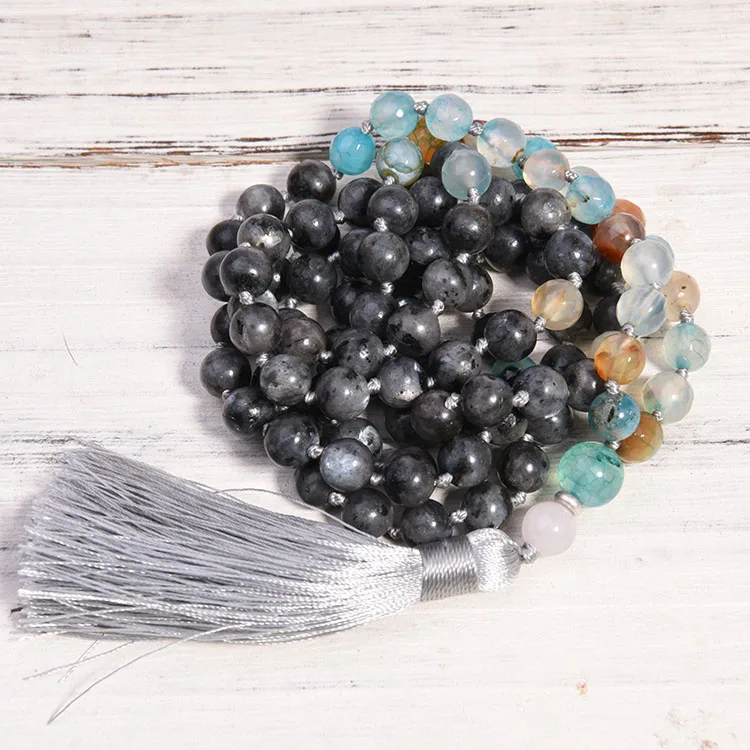 108 Mala Beads Necklace 8Mm Agate Labradorite Meditation Necklace Bohemian Hand Knotted Tassel Necklace