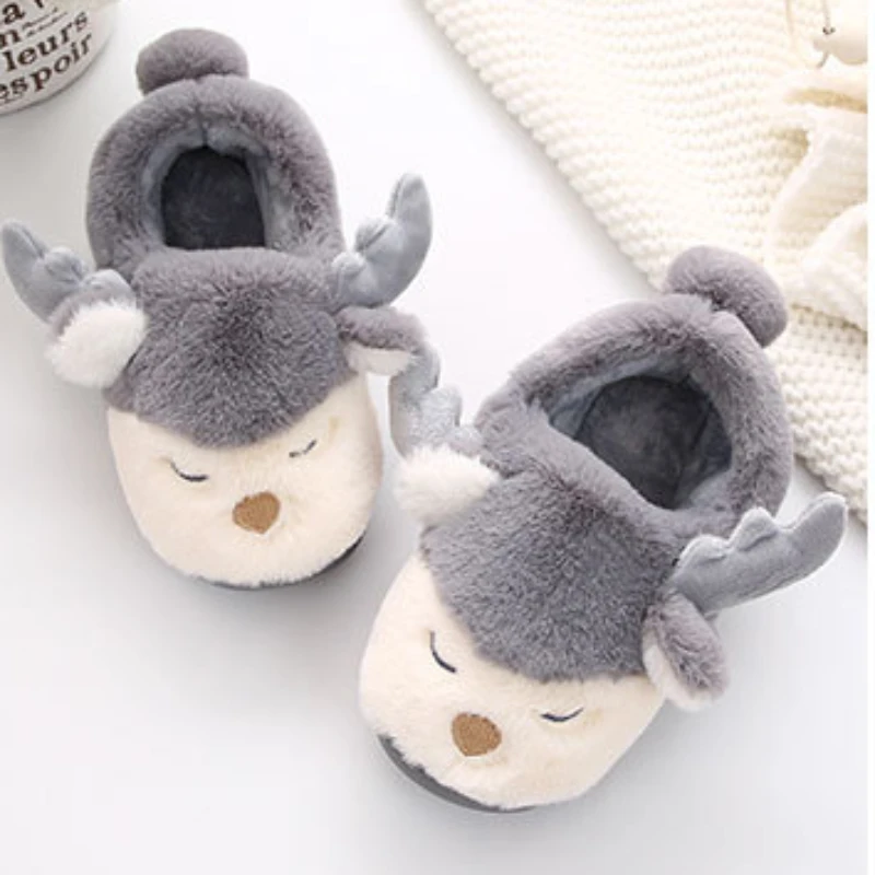 HO Cartoon Animal Christmas Deer Winter Plush Children Girls Slippers Customized Fluffy Indoor Home Slippers For Baby Kids Girls