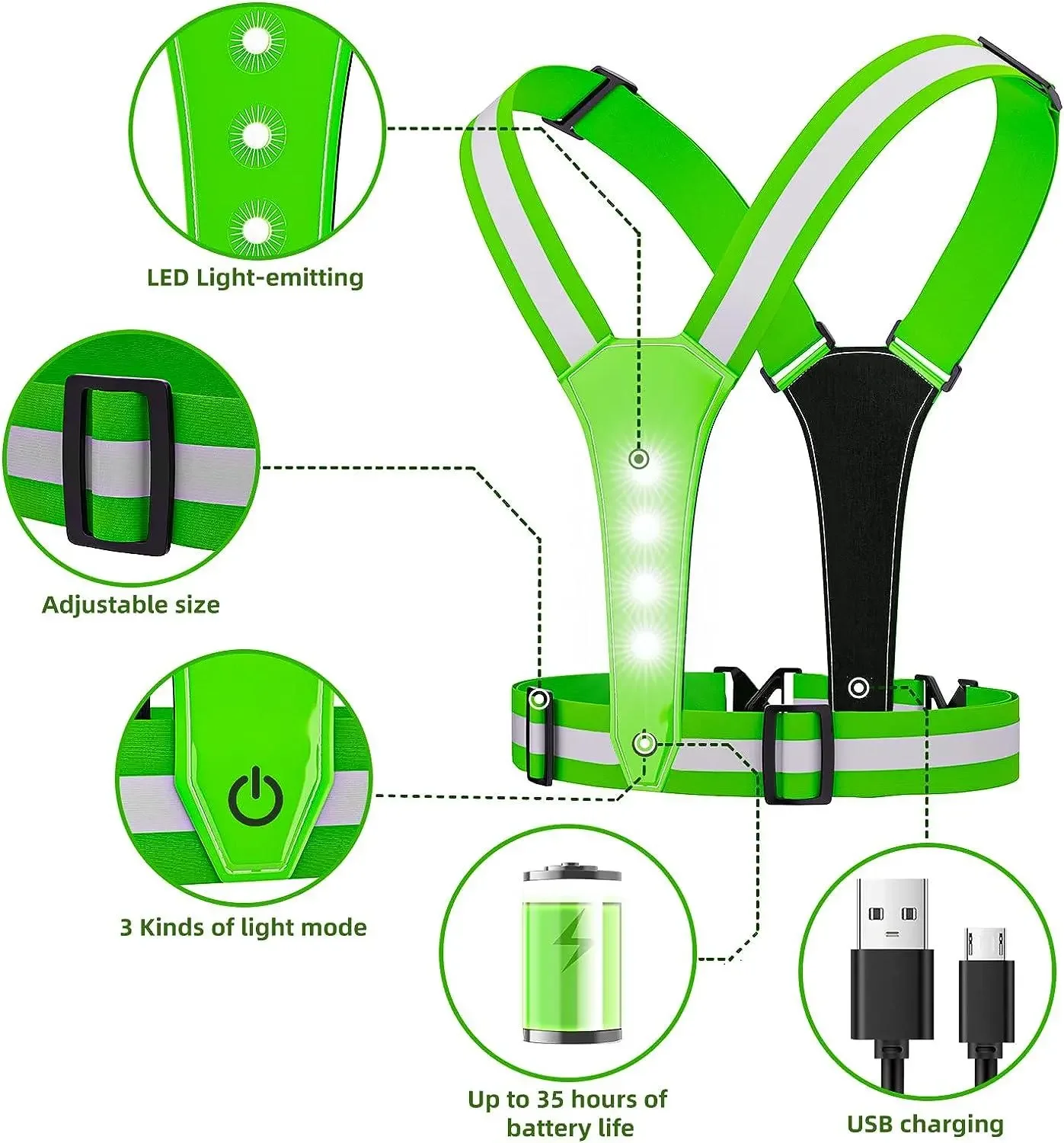 High Visibility LED Reflective Sports Belt Safety Vest With 8 LED Lights for Outdoor Running Jogging Cycling