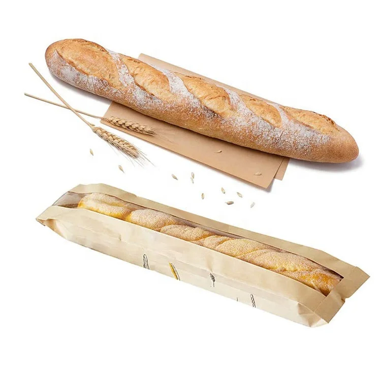Hot Sale Eco Friendly Biodegradable Food Package Bakery Baking Sharp Bottom Brown White Kraft Window French Baguette-bread-bags