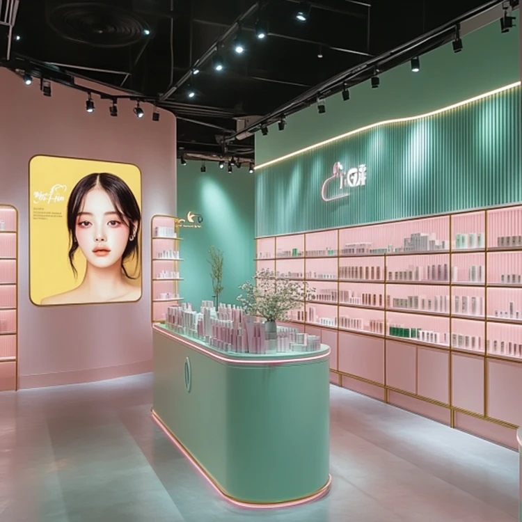 Custom Wooden Store Cosmetic Retail Shelves Glass Showcase For Cosmetics Store Cosmetic Display Stand